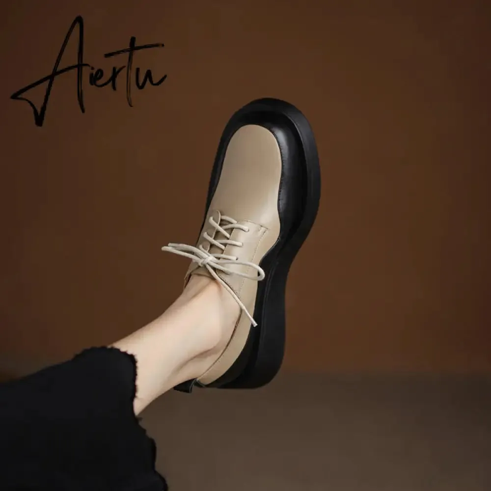 Aiertu  New Retro British Style Color Matching Platform Small Leather Shoes Casual Single Shoes Fashion Lace-up Women's Shoes