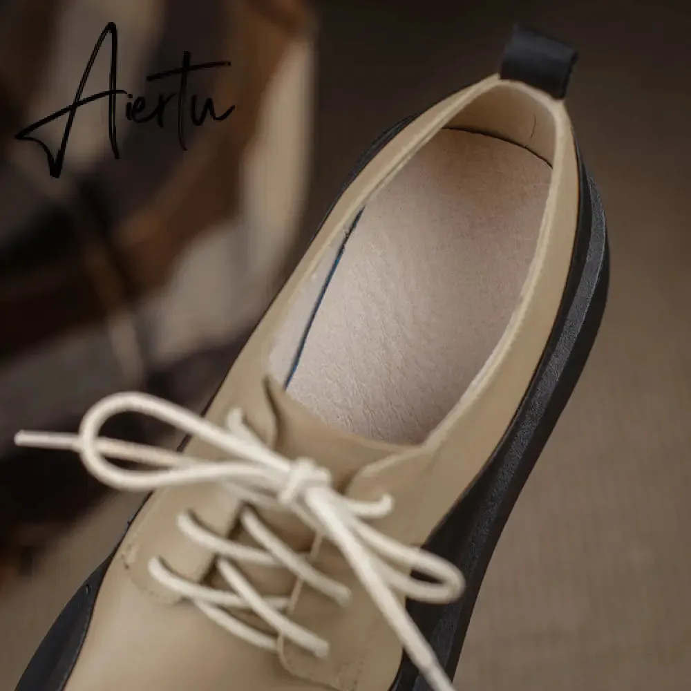Aiertu  New Retro British Style Color Matching Platform Small Leather Shoes Casual Single Shoes Fashion Lace-up Women's Shoes
