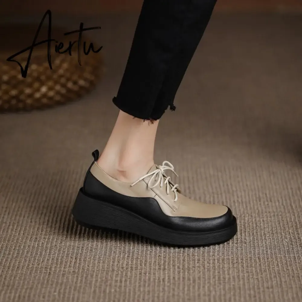 Aiertu  New Retro British Style Color Matching Platform Small Leather Shoes Casual Single Shoes Fashion Lace-up Women's Shoes