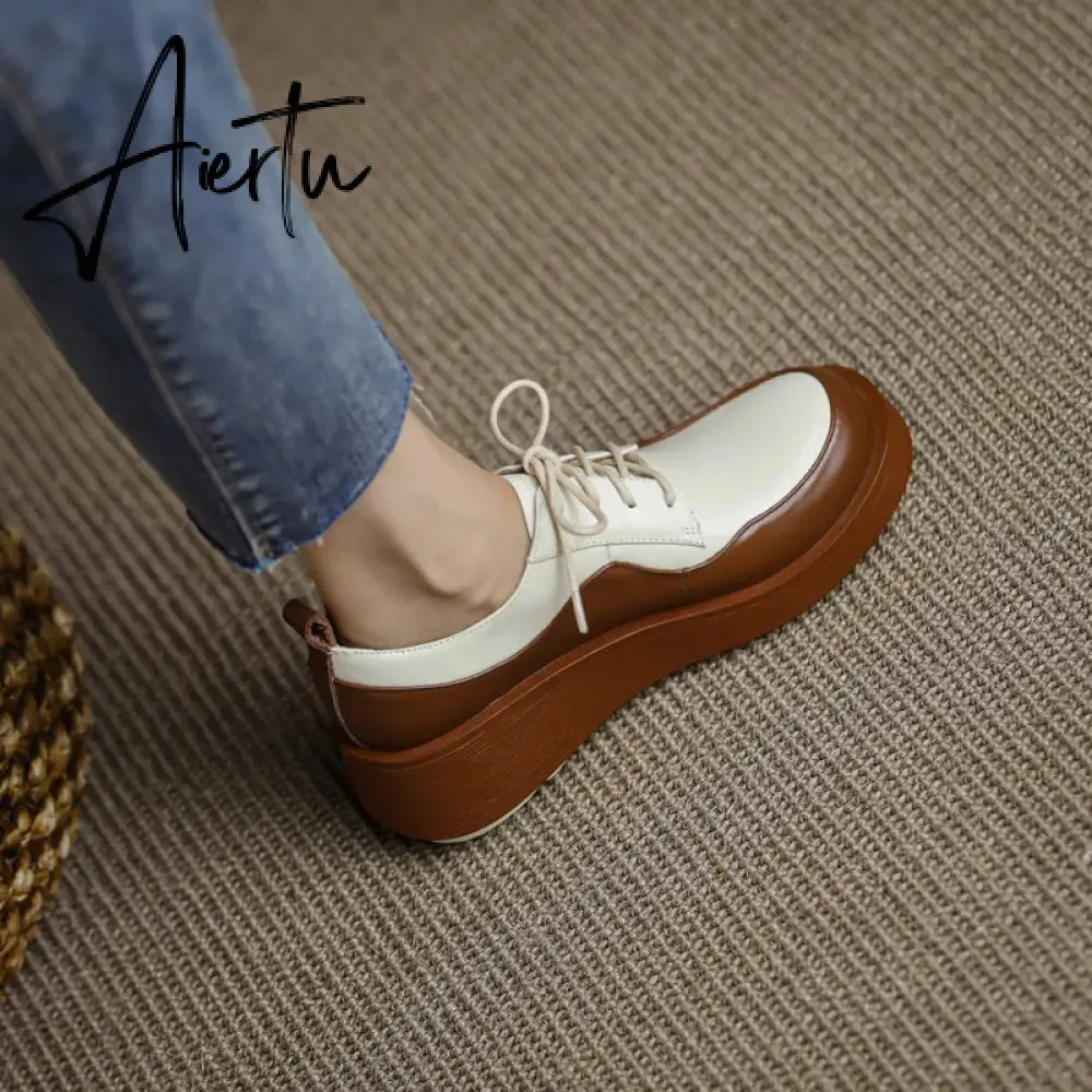 Aiertu  New Retro British Style Color Matching Platform Small Leather Shoes Casual Single Shoes Fashion Lace-up Women's Shoes