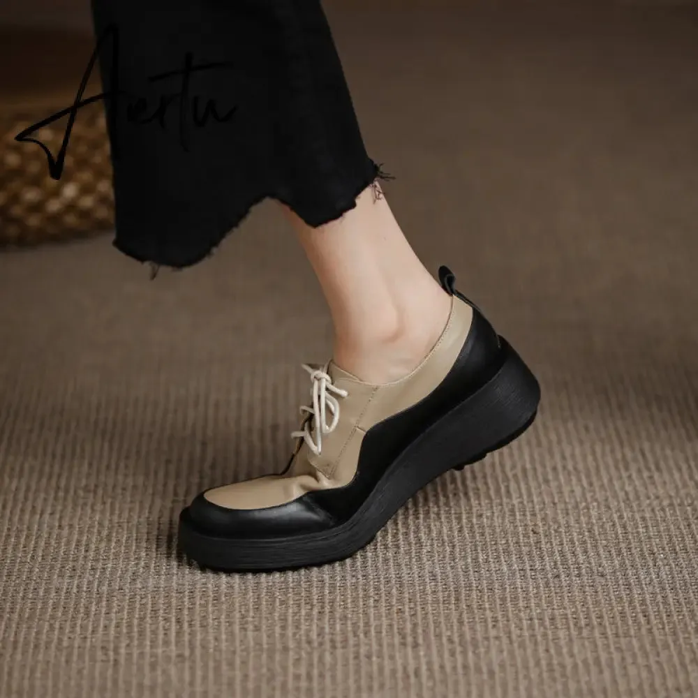 Aiertu  New Retro British Style Color Matching Platform Small Leather Shoes Casual Single Shoes Fashion Lace-up Women's Shoes