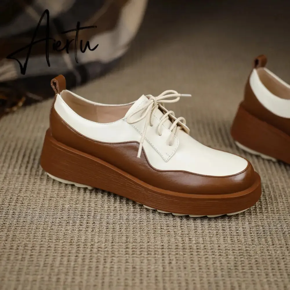 Aiertu  New Retro British Style Color Matching Platform Small Leather Shoes Casual Single Shoes Fashion Lace-up Women's Shoes