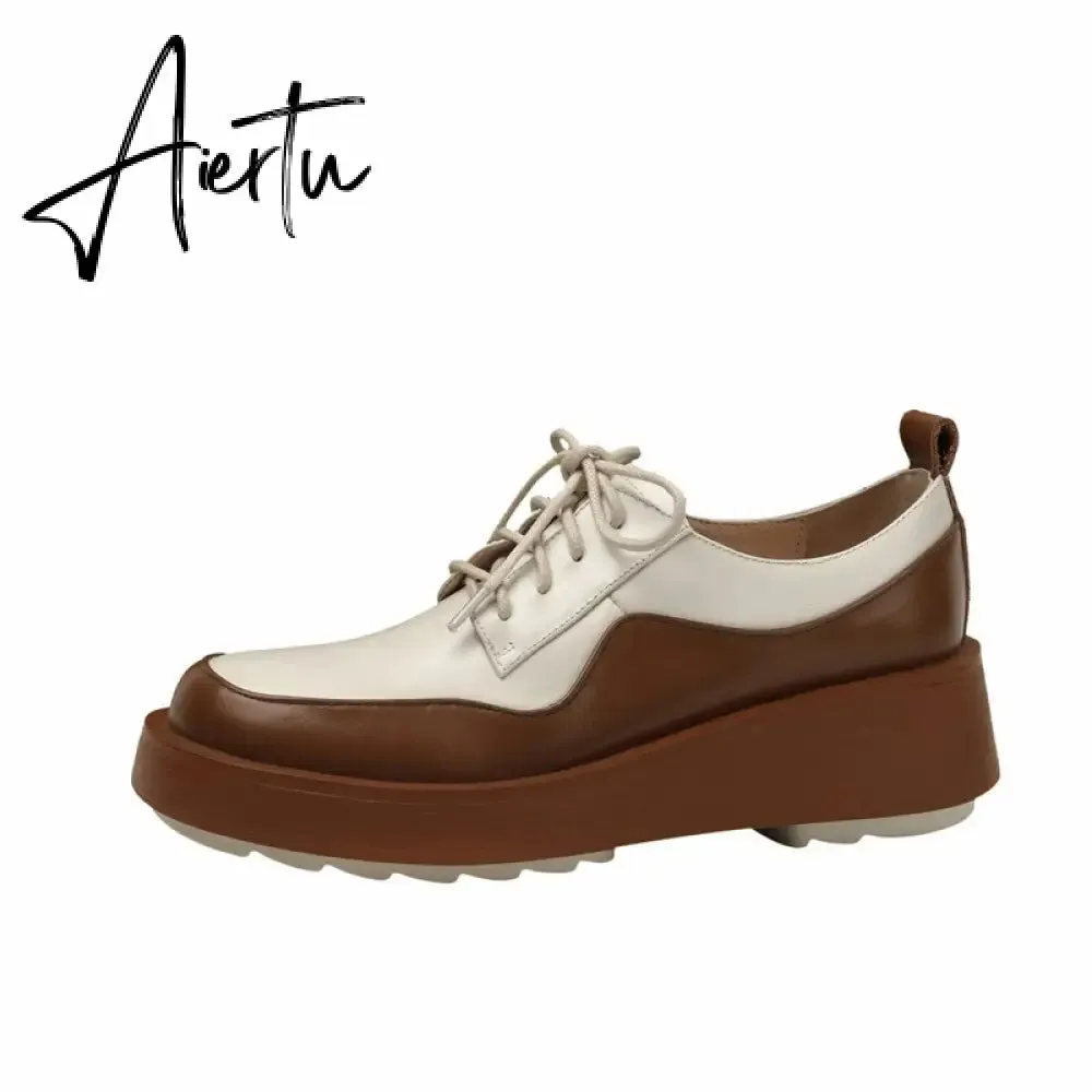 Aiertu  New Retro British Style Color Matching Platform Small Leather Shoes Casual Single Shoes Fashion Lace-up Women's Shoes