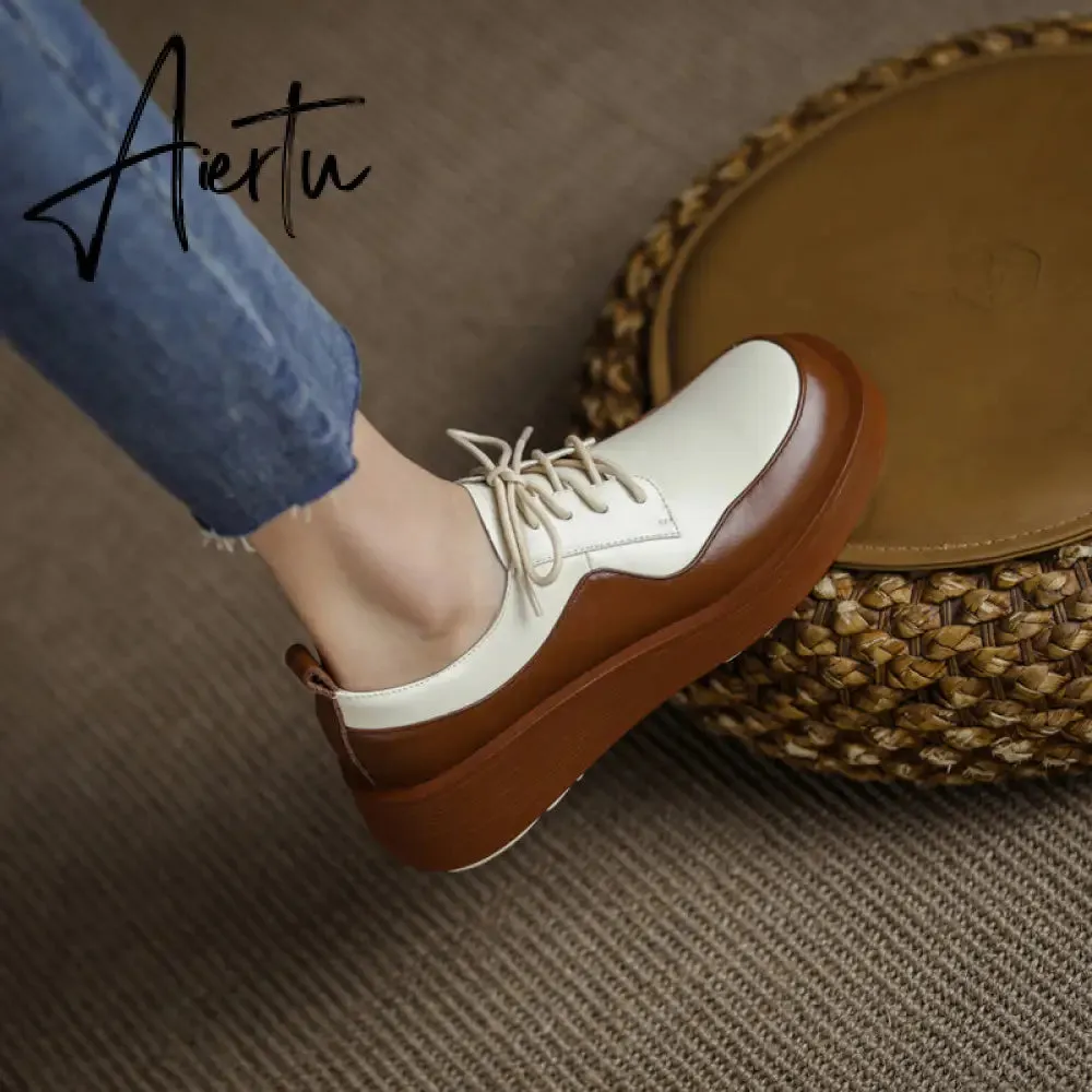 Aiertu  New Retro British Style Color Matching Platform Small Leather Shoes Casual Single Shoes Fashion Lace-up Women's Shoes