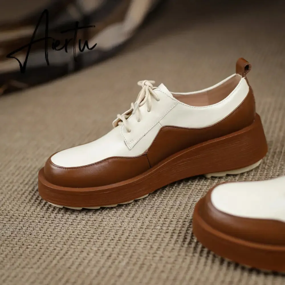 Aiertu  New Retro British Style Color Matching Platform Small Leather Shoes Casual Single Shoes Fashion Lace-up Women's Shoes