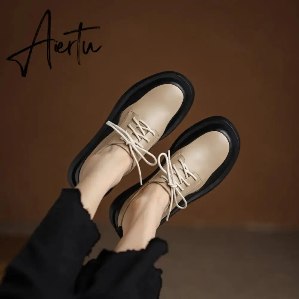 Aiertu  New Retro British Style Color Matching Platform Small Leather Shoes Casual Single Shoes Fashion Lace-up Women's Shoes