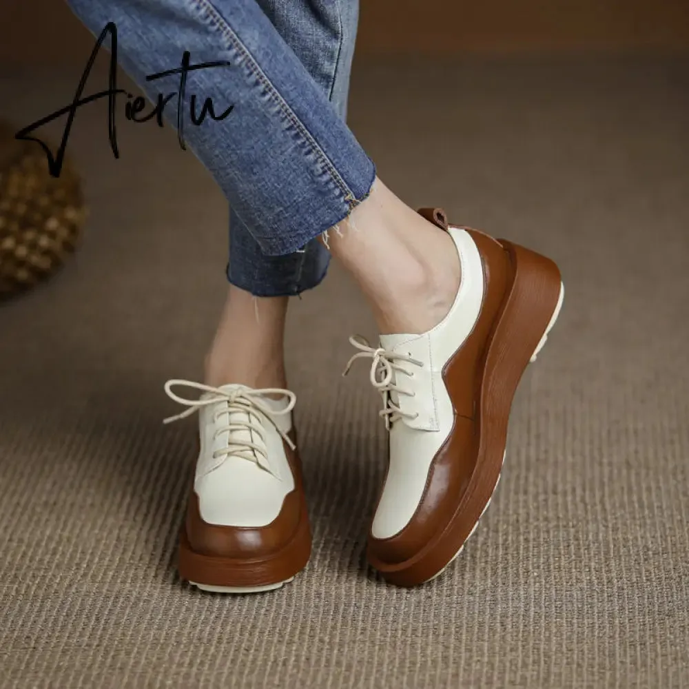 Aiertu  New Retro British Style Color Matching Platform Small Leather Shoes Casual Single Shoes Fashion Lace-up Women's Shoes