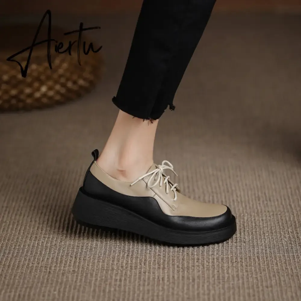 Aiertu  New Retro British Style Color Matching Platform Small Leather Shoes Casual Single Shoes Fashion Lace-up Women's Shoes