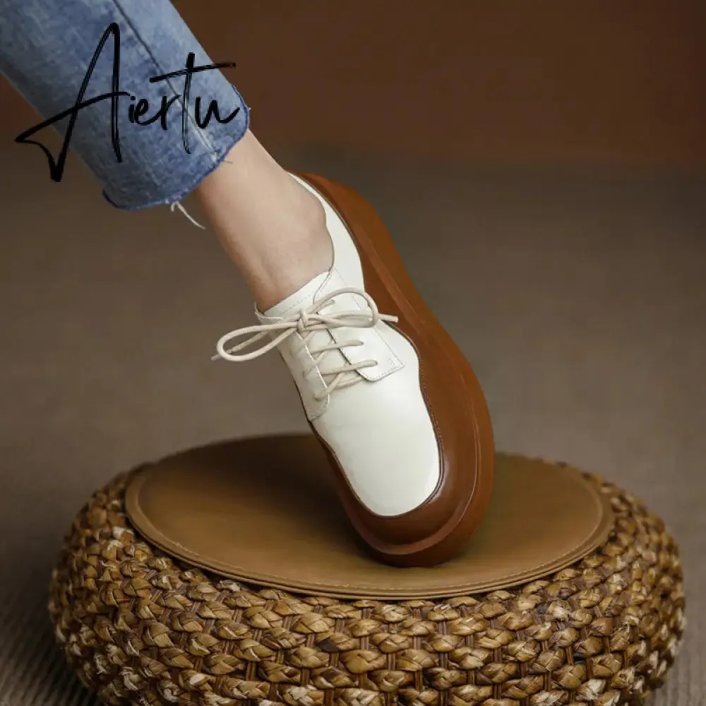Aiertu  New Retro British Style Color Matching Platform Small Leather Shoes Casual Single Shoes Fashion Lace-up Women's Shoes