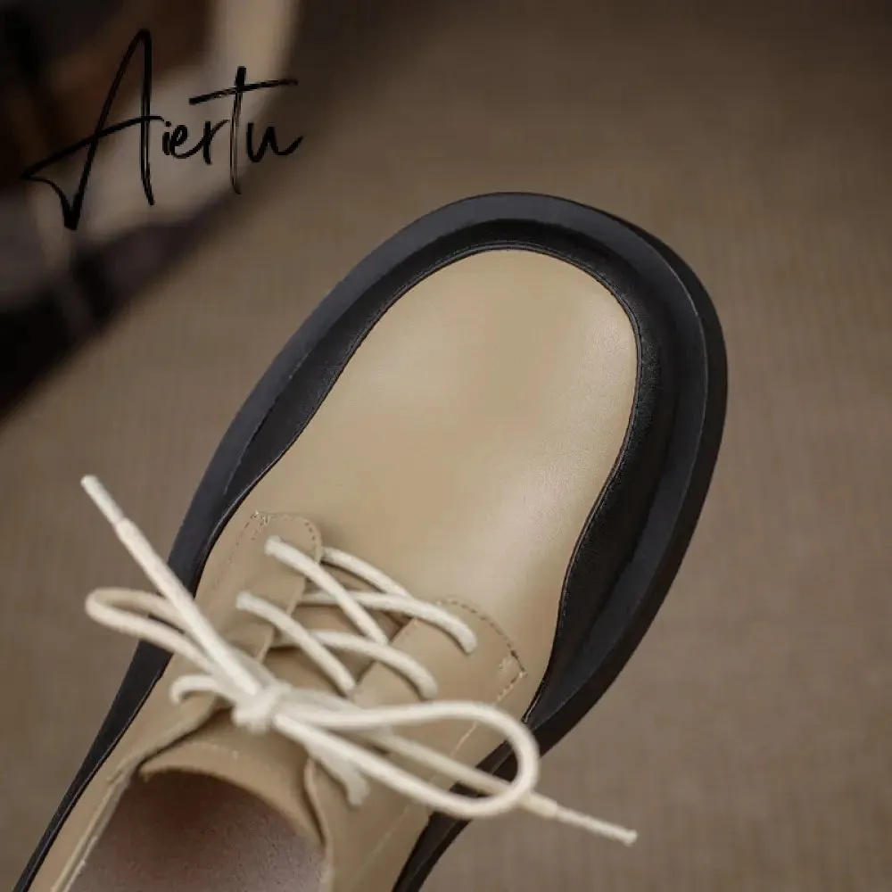 Aiertu  New Retro British Style Color Matching Platform Small Leather Shoes Casual Single Shoes Fashion Lace-up Women's Shoes