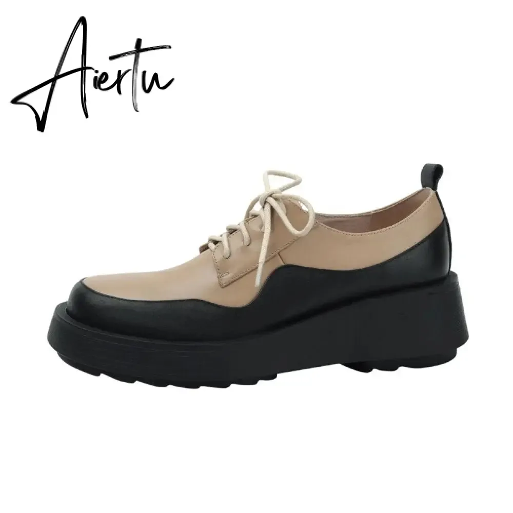 Aiertu  New Retro British Style Color Matching Platform Small Leather Shoes Casual Single Shoes Fashion Lace-up Women's Shoes