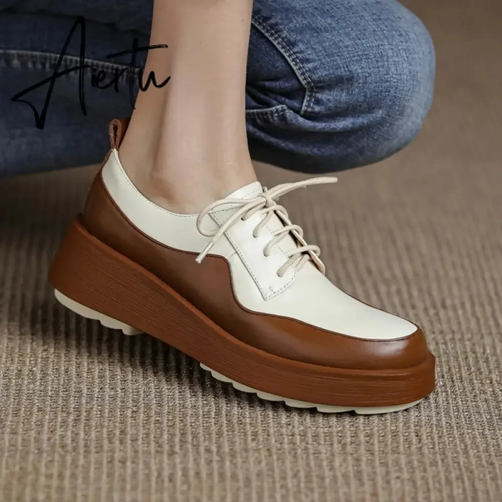 Aiertu  New Retro British Style Color Matching Platform Small Leather Shoes Casual Single Shoes Fashion Lace-up Women's Shoes