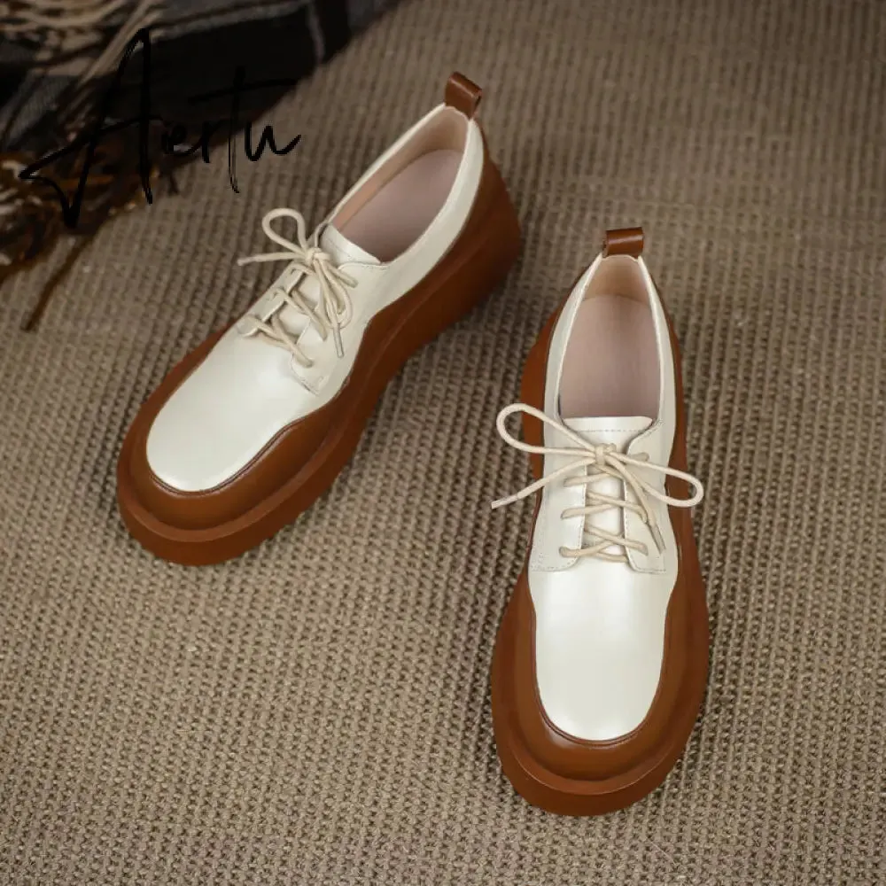 Aiertu  New Retro British Style Color Matching Platform Small Leather Shoes Casual Single Shoes Fashion Lace-up Women's Shoes