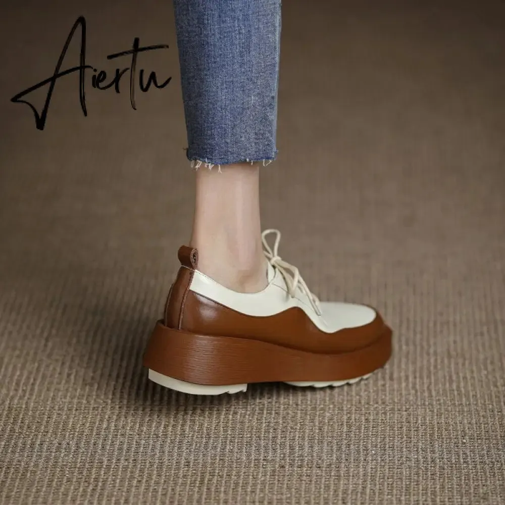 Aiertu  New Retro British Style Color Matching Platform Small Leather Shoes Casual Single Shoes Fashion Lace-up Women's Shoes