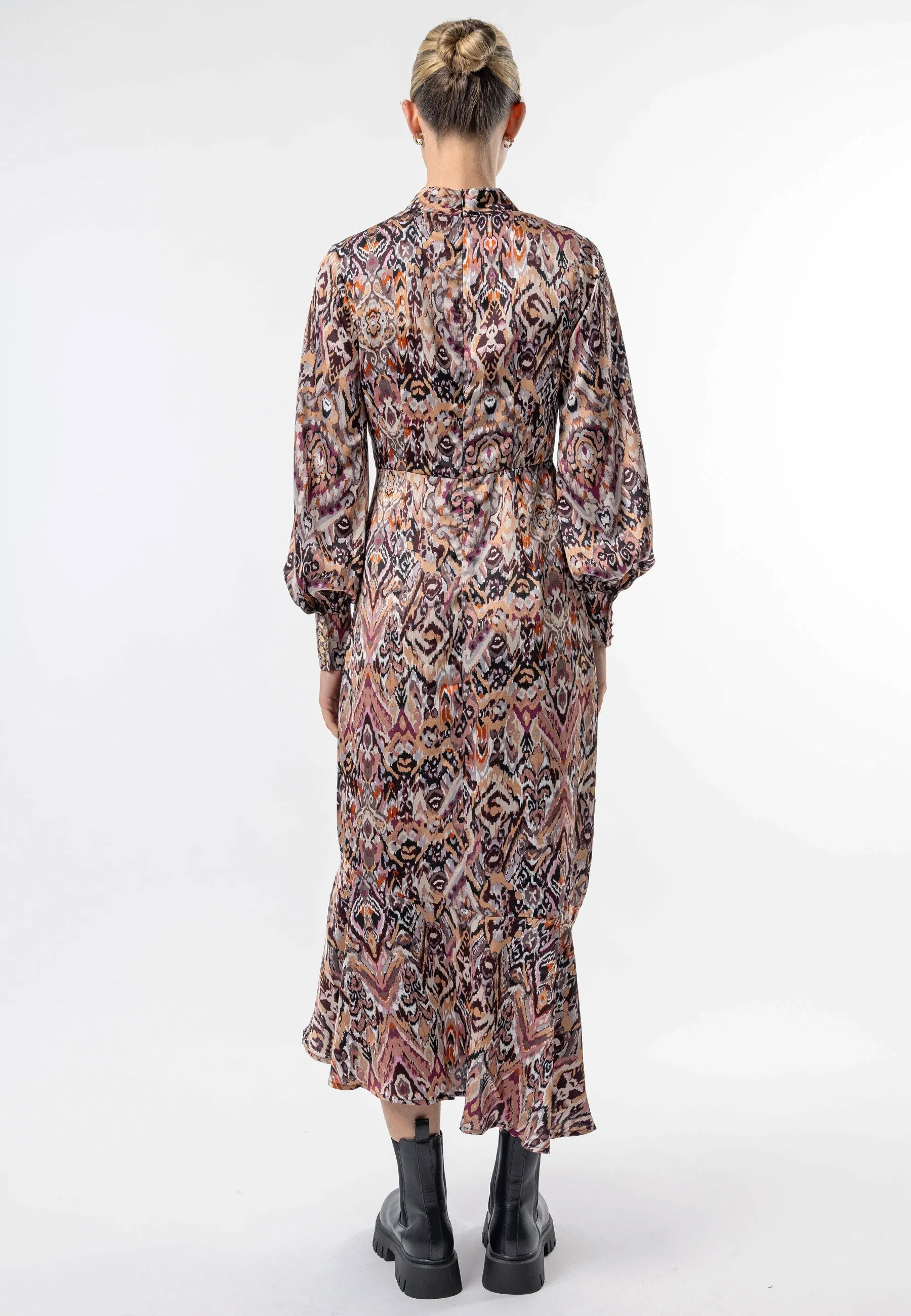 Angeleye High Neck Long Tea Satin Dress In Tan Boho Print