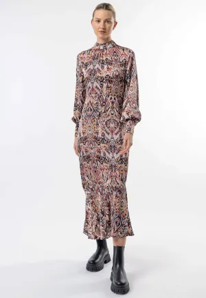 Angeleye High Neck Long Tea Satin Dress In Tan Boho Print