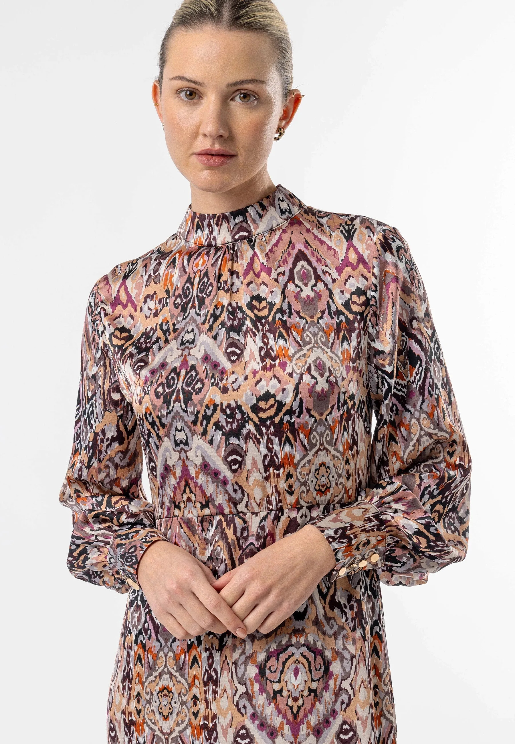 Angeleye High Neck Long Tea Satin Dress In Tan Boho Print