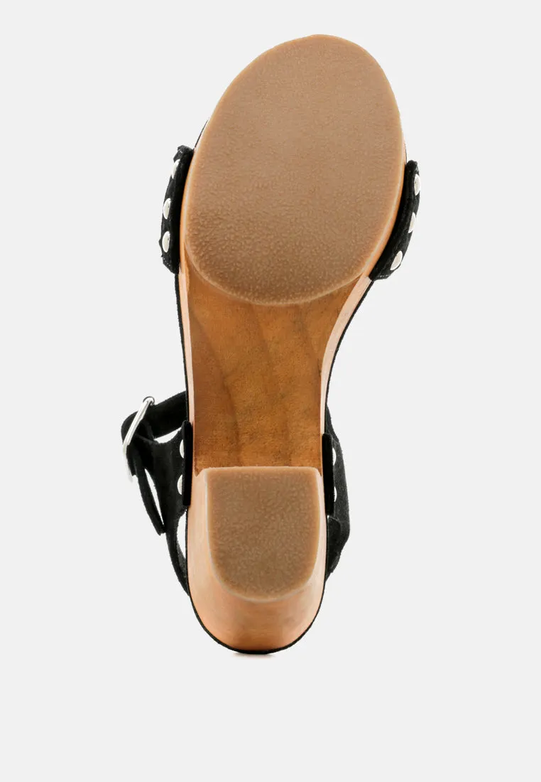 APRIL Black Wooden Clogs in Suede Weave