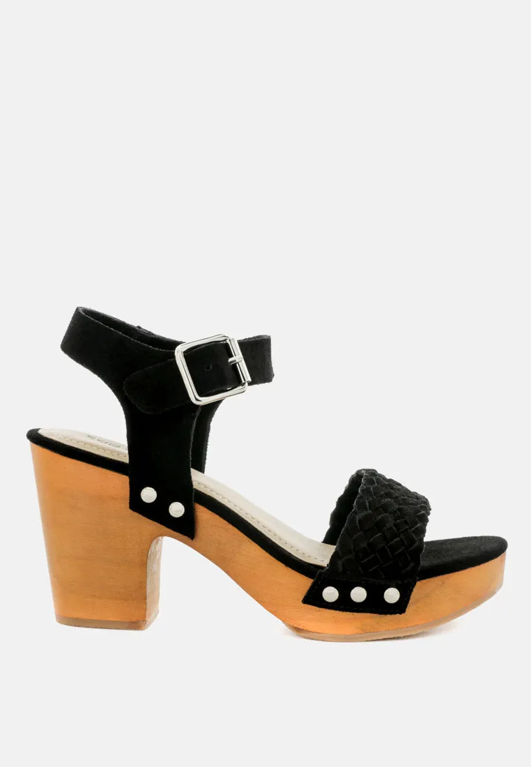 APRIL Black Wooden Clogs in Suede Weave