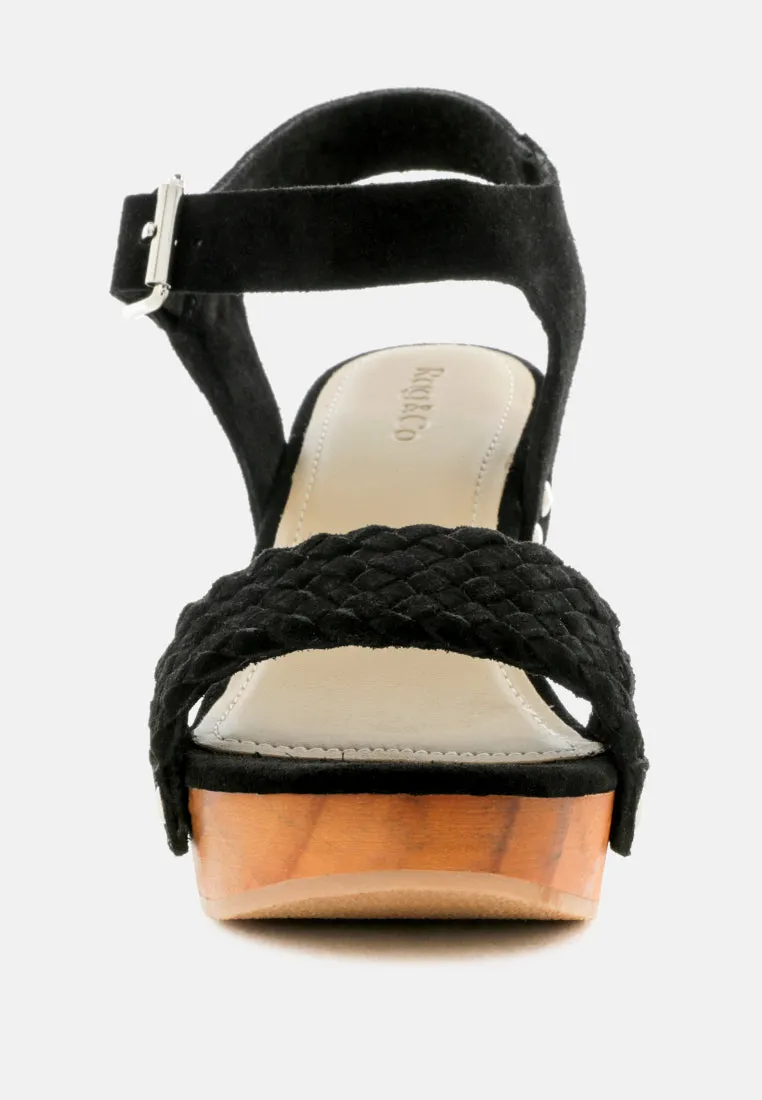 APRIL Black Wooden Clogs in Suede Weave