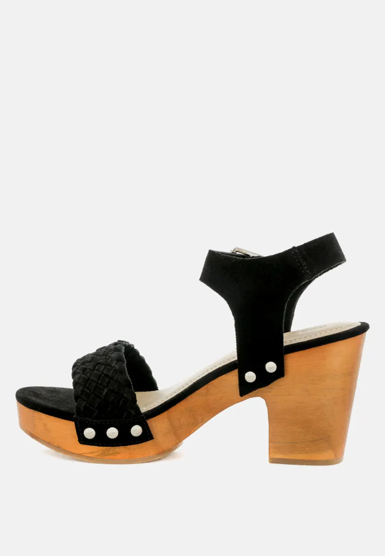 APRIL Black Wooden Clogs in Suede Weave