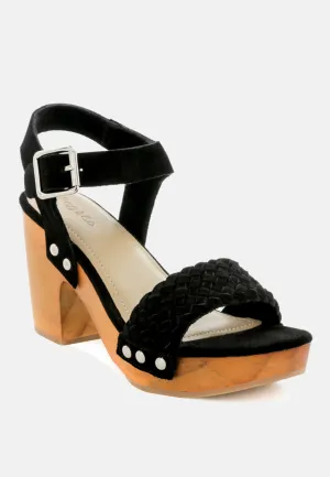 APRIL Black Wooden Clogs in Suede Weave
