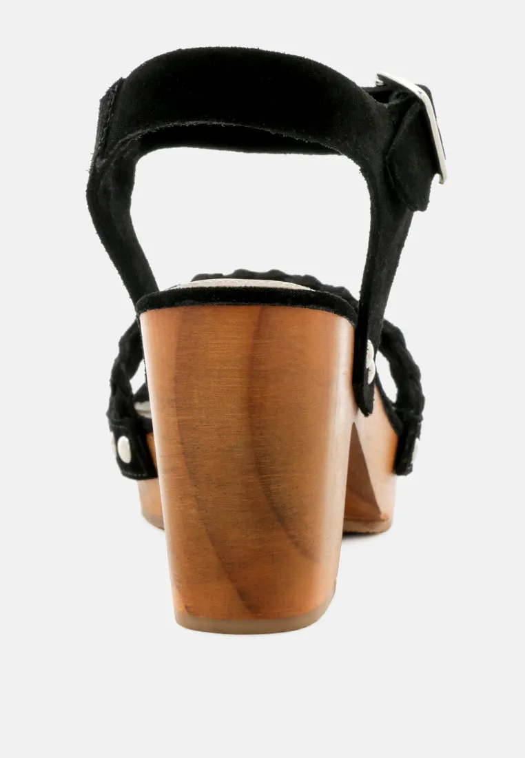 APRIL Black Wooden Clogs in Suede Weave
