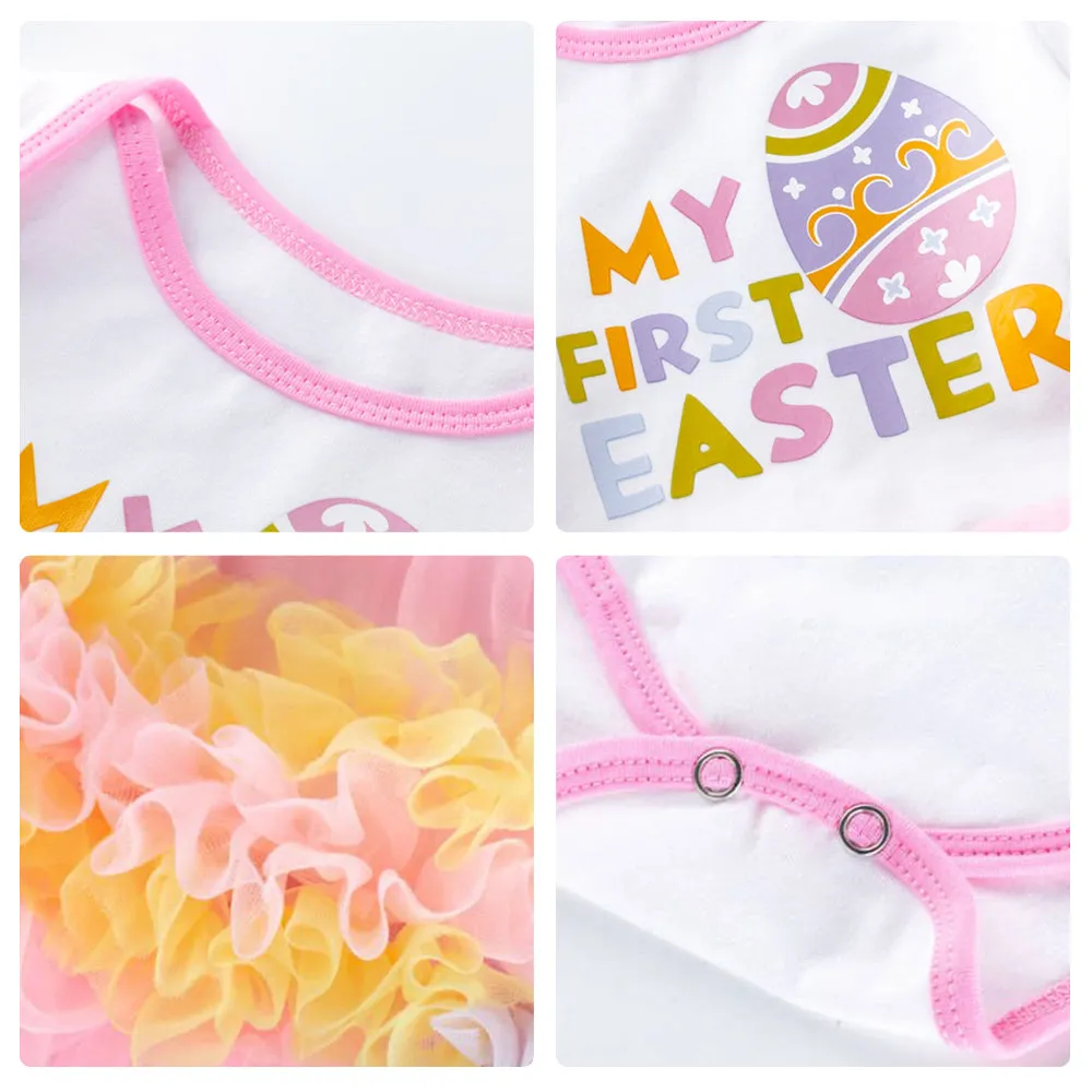 Baby Girl 1st Easter Dress Rompers Skirt with Headband Leggings and Shoes ”My First Easter" Dress