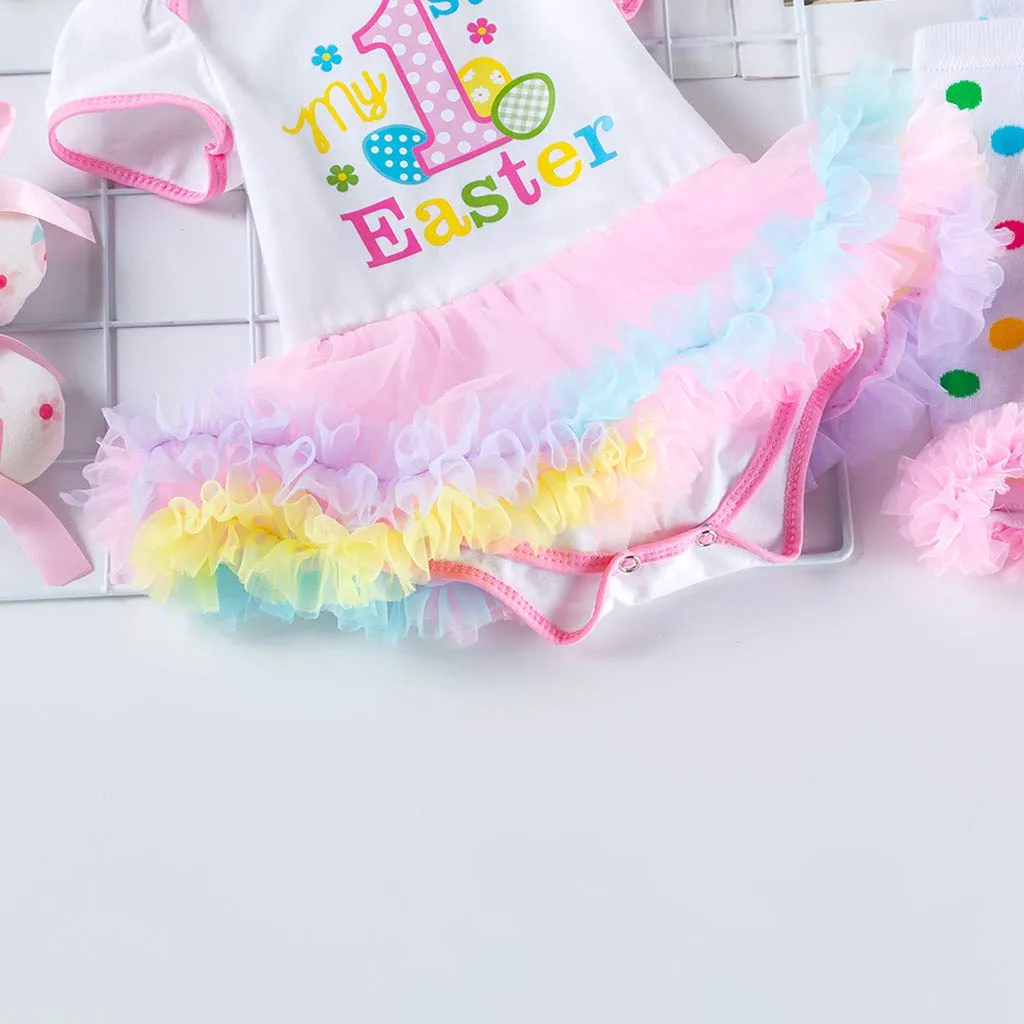 Baby Girl 1st Easter Dress Rompers Skirt with Headband Leggings and Shoes ”My First Easter" Dress
