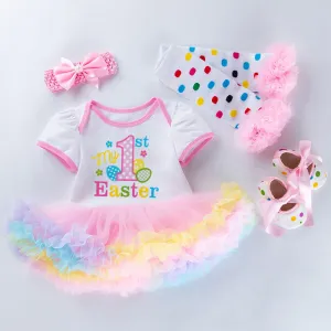 Baby Girl 1st Easter Dress Rompers Skirt with Headband Leggings and Shoes ”My First Easter" Dress