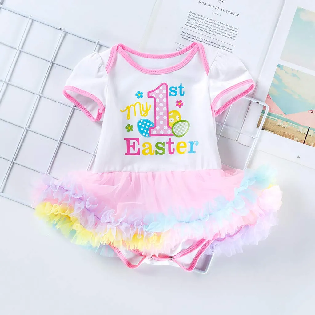Baby Girl 1st Easter Dress Rompers Skirt with Headband Leggings and Shoes ”My First Easter" Dress