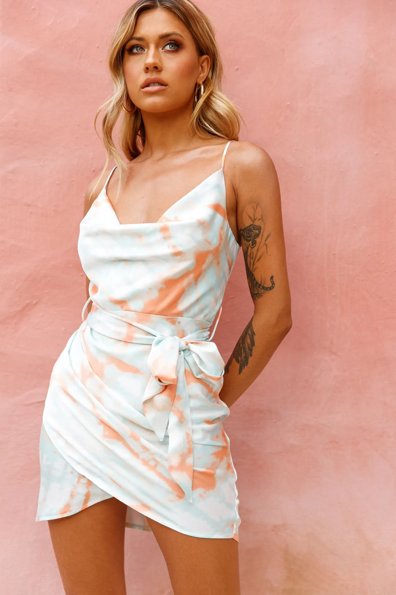 Bebe Satin Cowl Neck Wrap Dress Tie-Dye Orange
