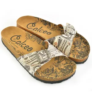 Beige Newspaper Buckle-Accent Sandal CAL905