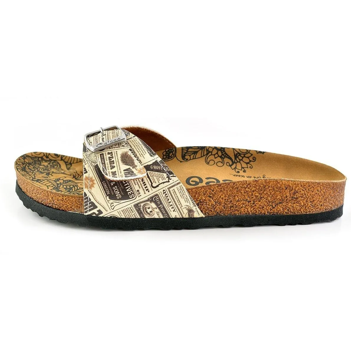 Beige Newspaper Buckle-Accent Sandal CAL905