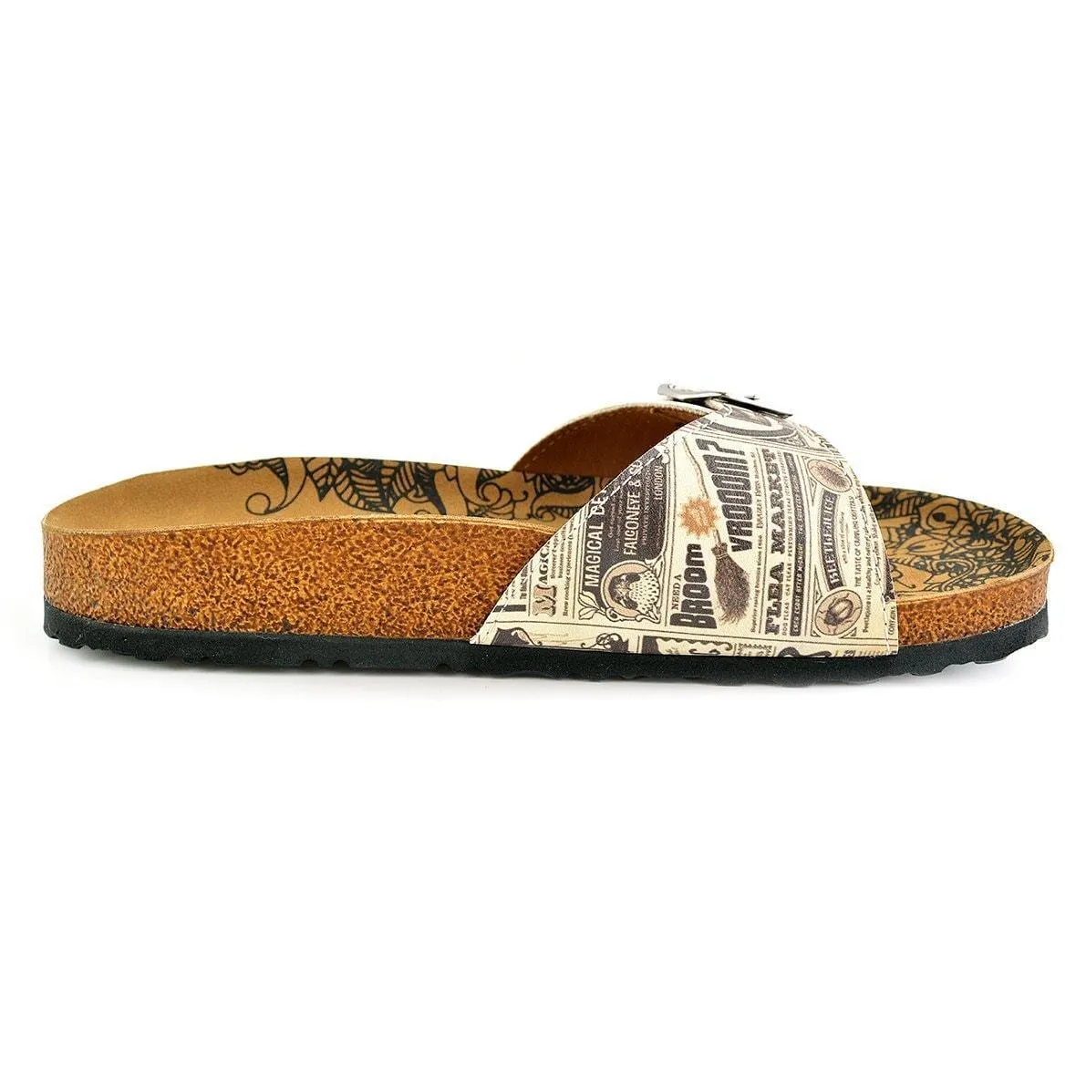 Beige Newspaper Buckle-Accent Sandal CAL905