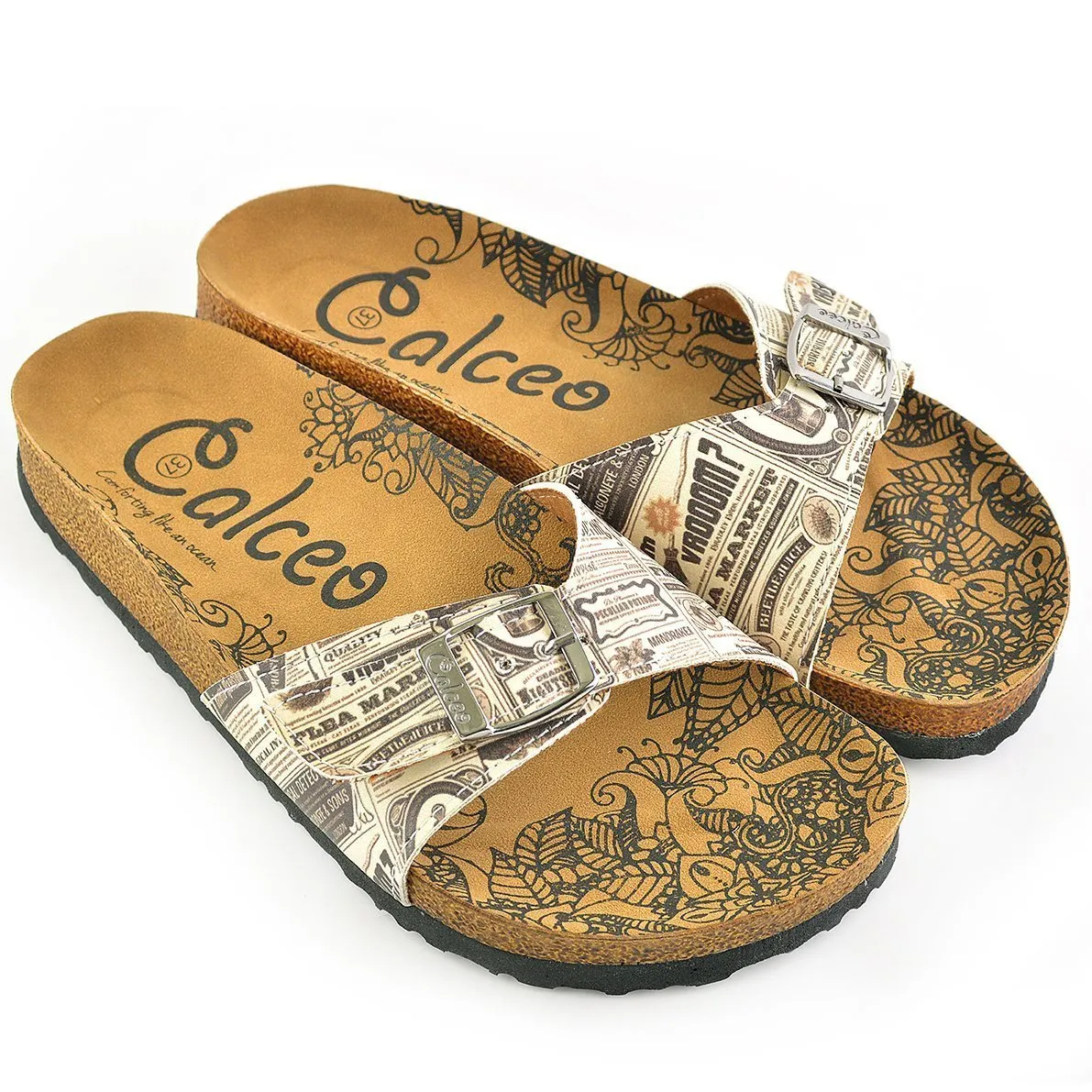 Beige Newspaper Buckle-Accent Sandal CAL905