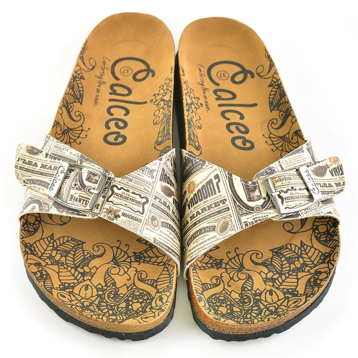 Beige Newspaper Buckle-Accent Sandal CAL905