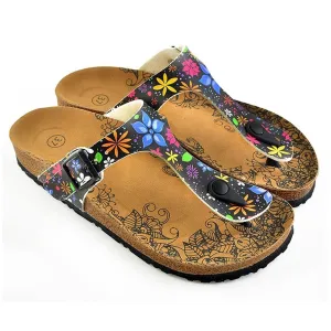 Black & Blue Floral T-Strap Sandal CAL512