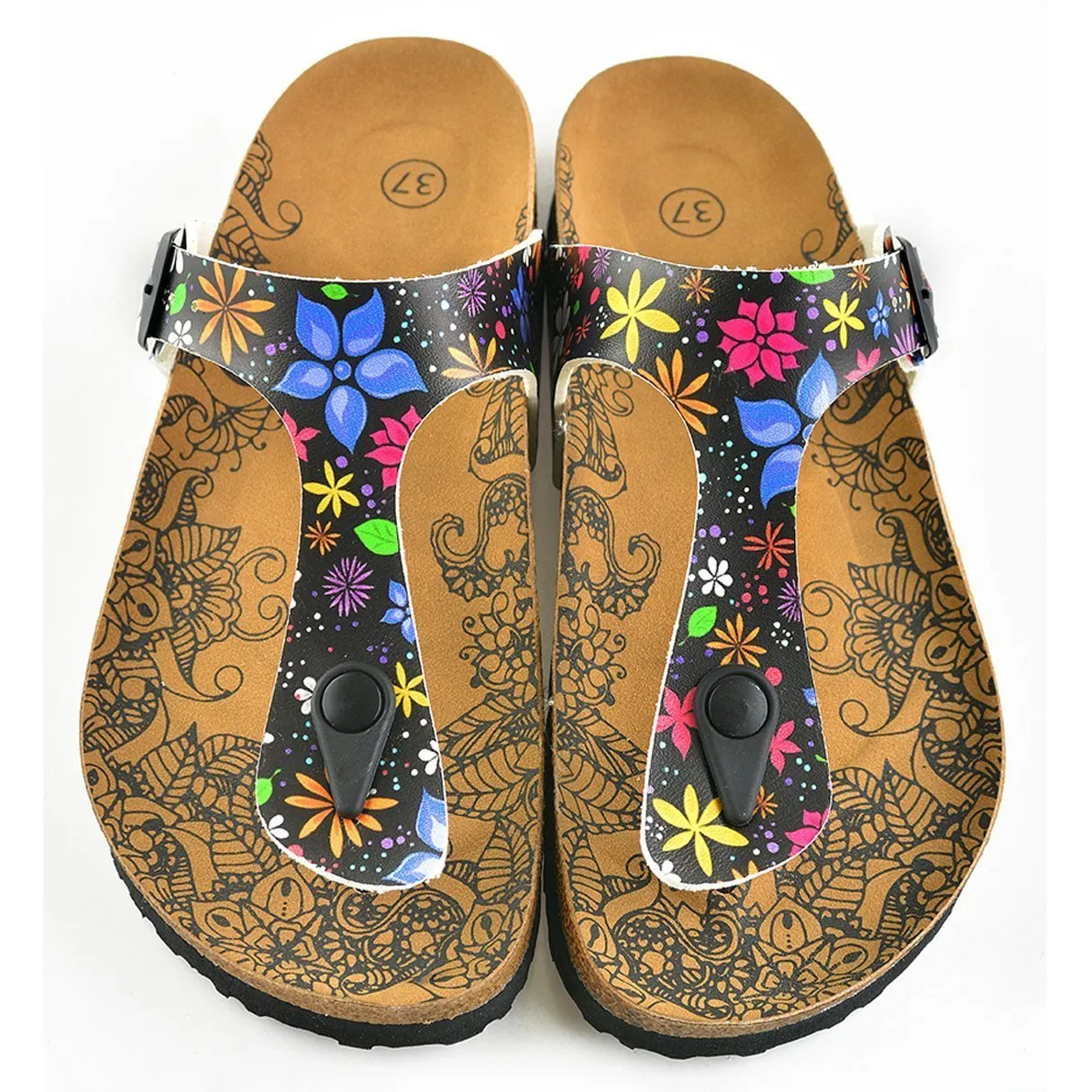 Black & Blue Floral T-Strap Sandal CAL512