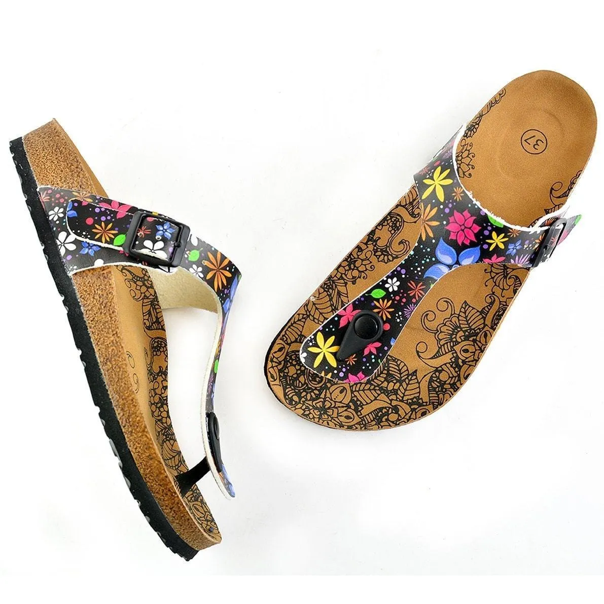 Black & Blue Floral T-Strap Sandal CAL512