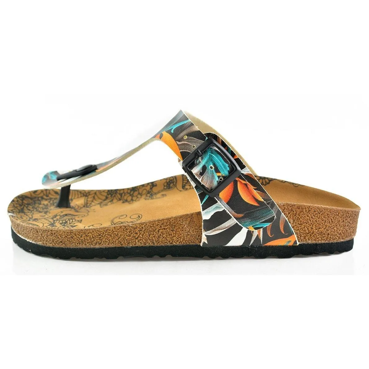 Black & Orange Leaves T-Strap Sandal CAL514