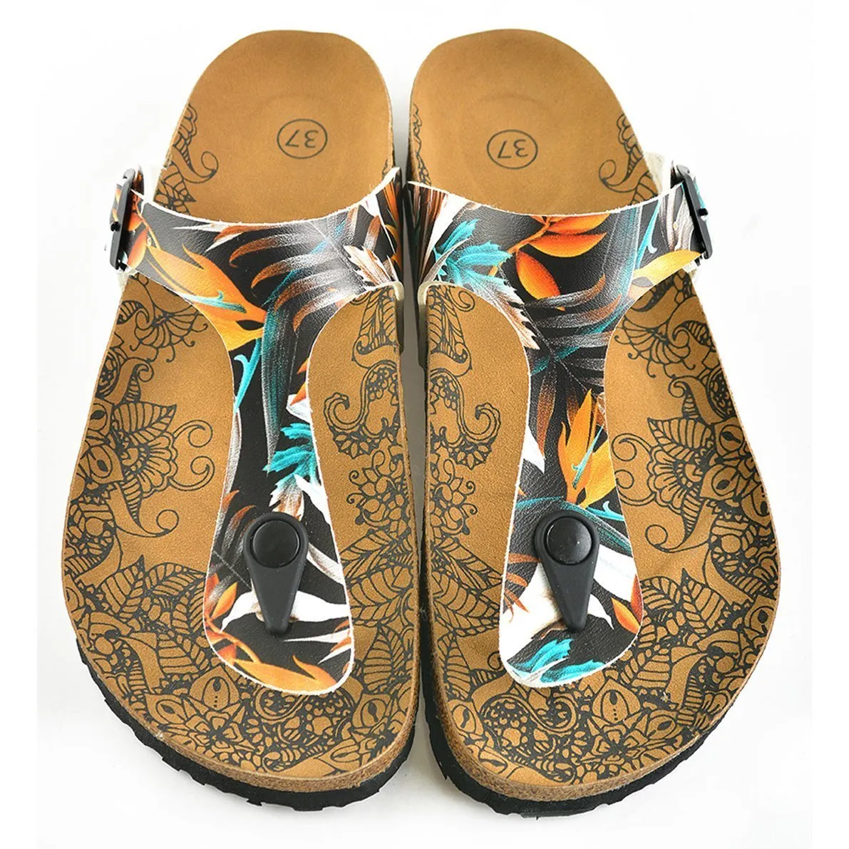 Black & Orange Leaves T-Strap Sandal CAL514