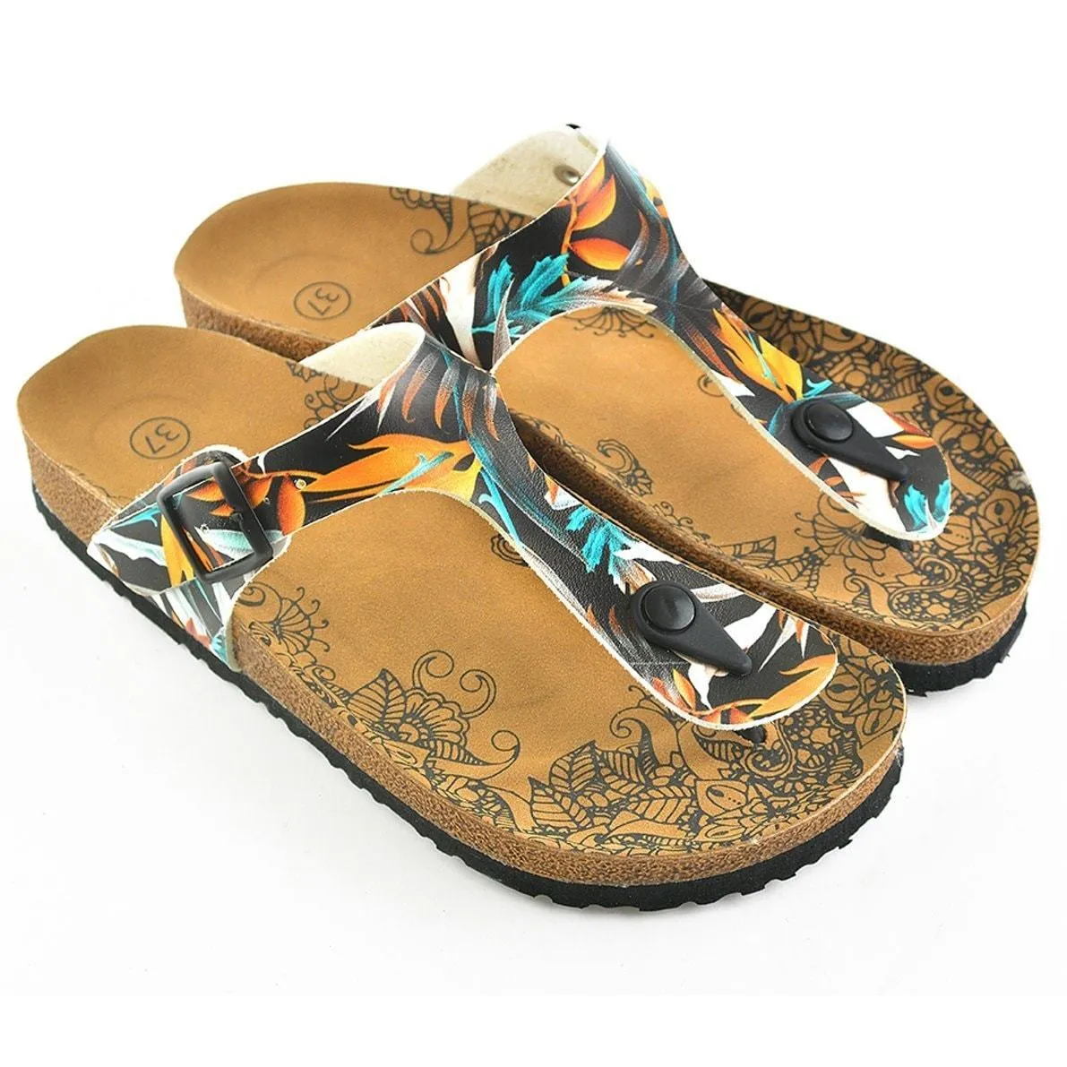 Black & Orange Leaves T-Strap Sandal CAL514