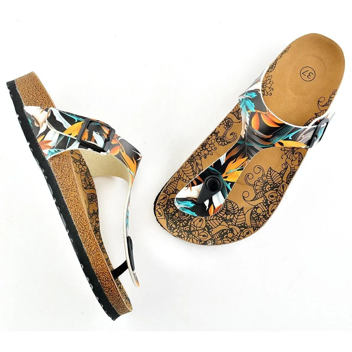 Black & Orange Leaves T-Strap Sandal CAL514