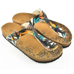 Black & Orange Leaves T-Strap Sandal CAL514