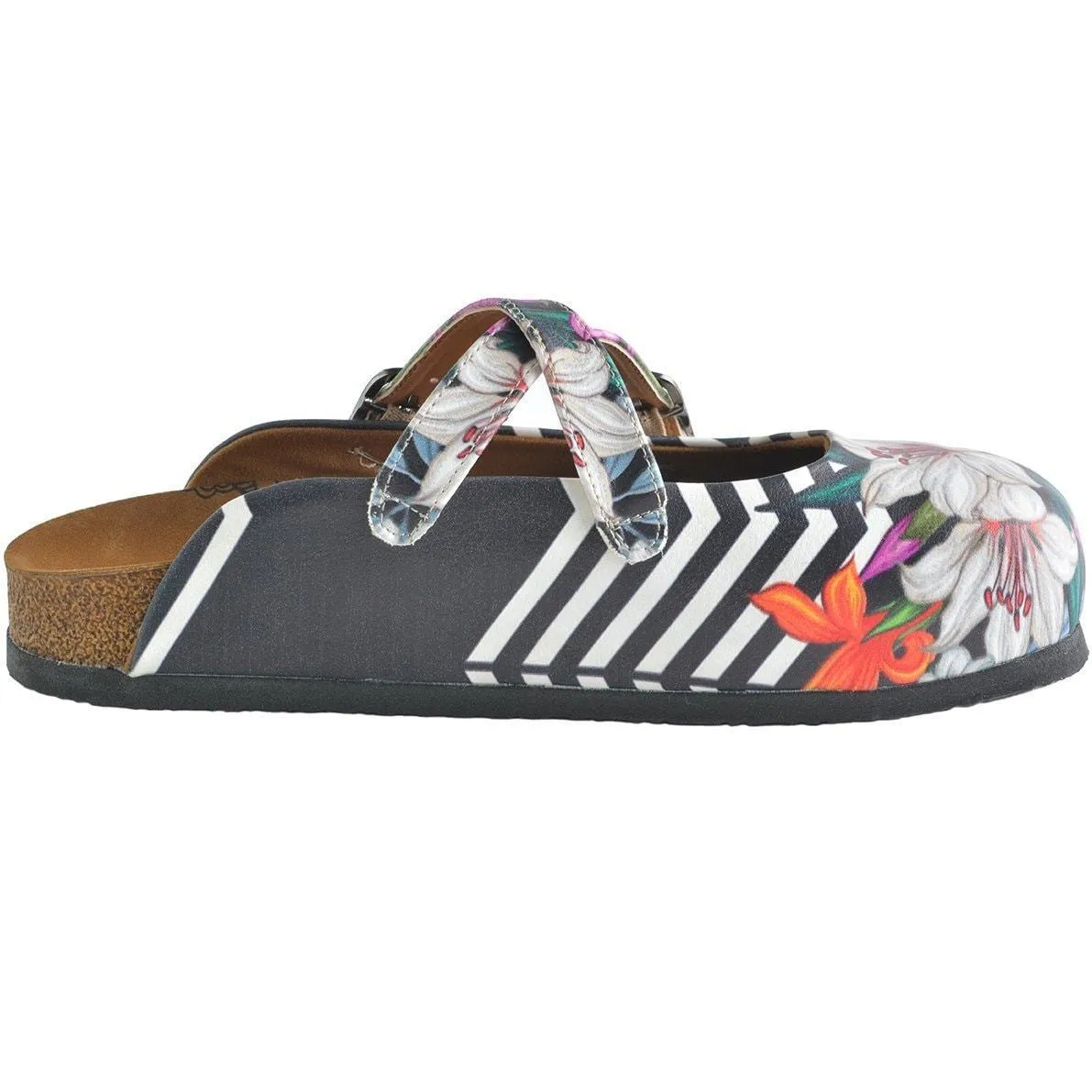 Black & Pink Floral Stripe Clogs WCAL153