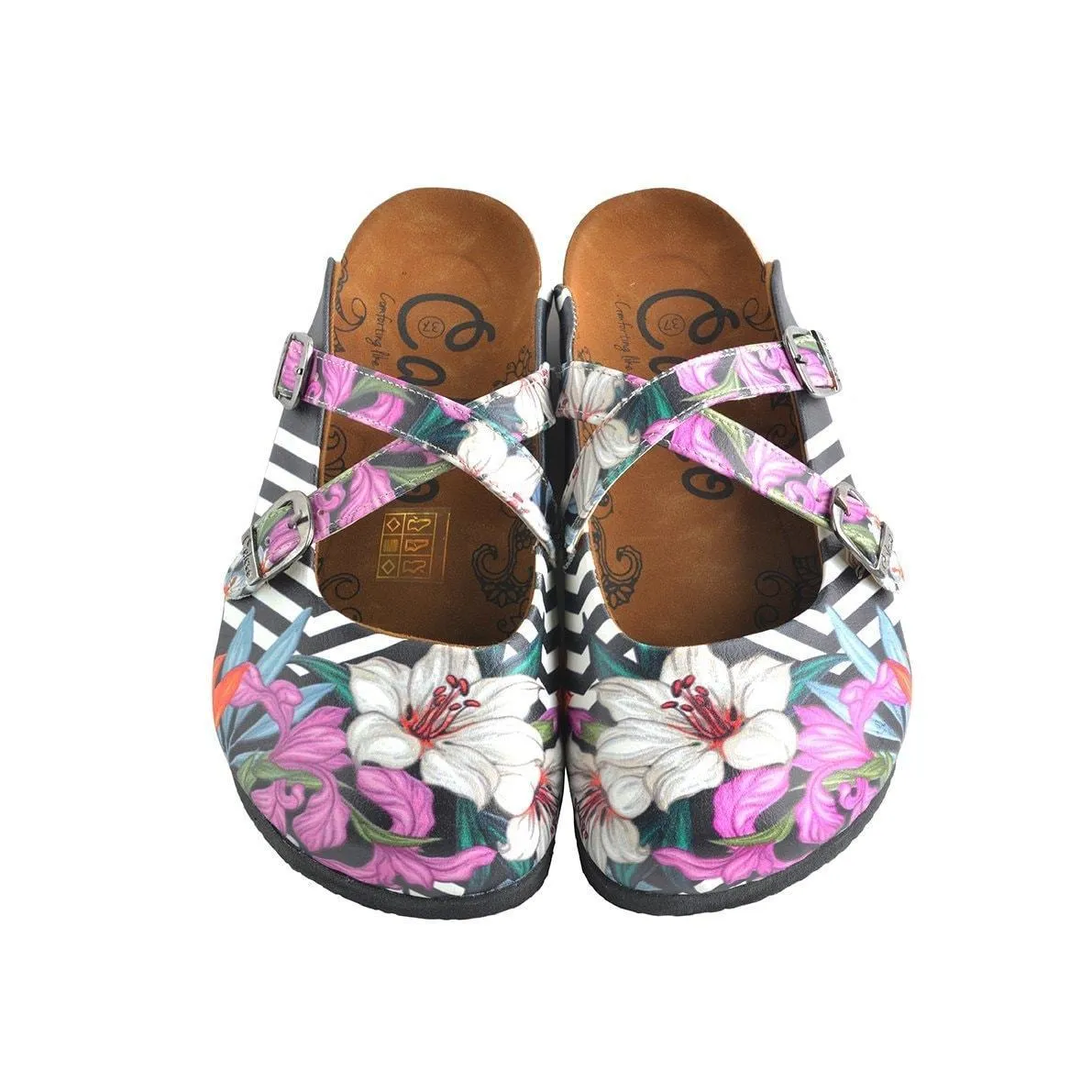 Black & Pink Floral Stripe Clogs WCAL153