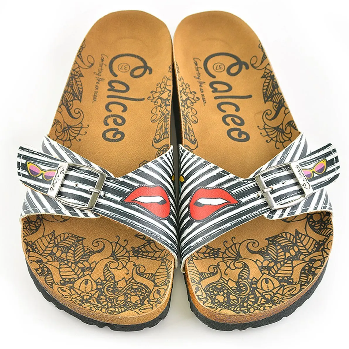 Black & White Lips Buckle-Accent Sandal CAL902