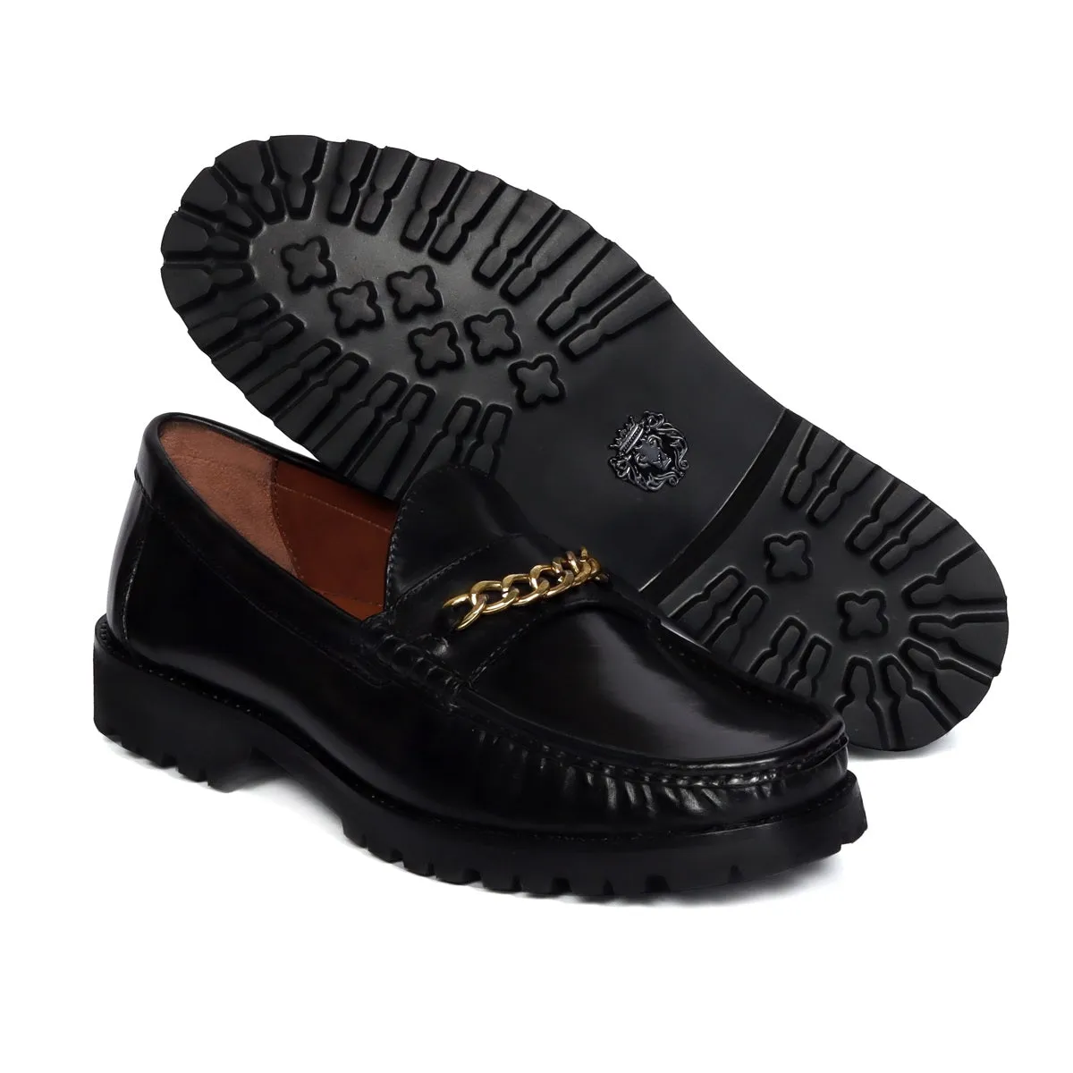 Black Chunky Sole Loafer with Golden Chain Embellishment