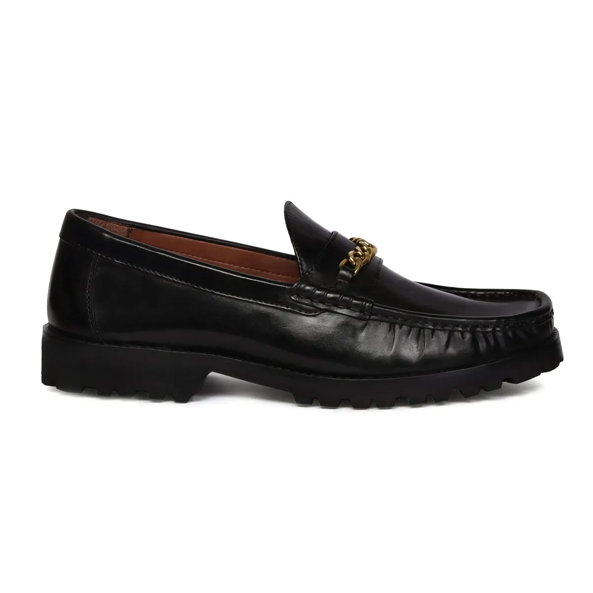 Black Chunky Sole Loafer with Golden Chain Embellishment